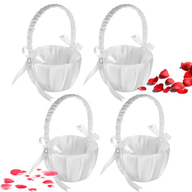 Lebsitey wedding flower basket in white satin with bowknot, ideal for the flower girl procession.