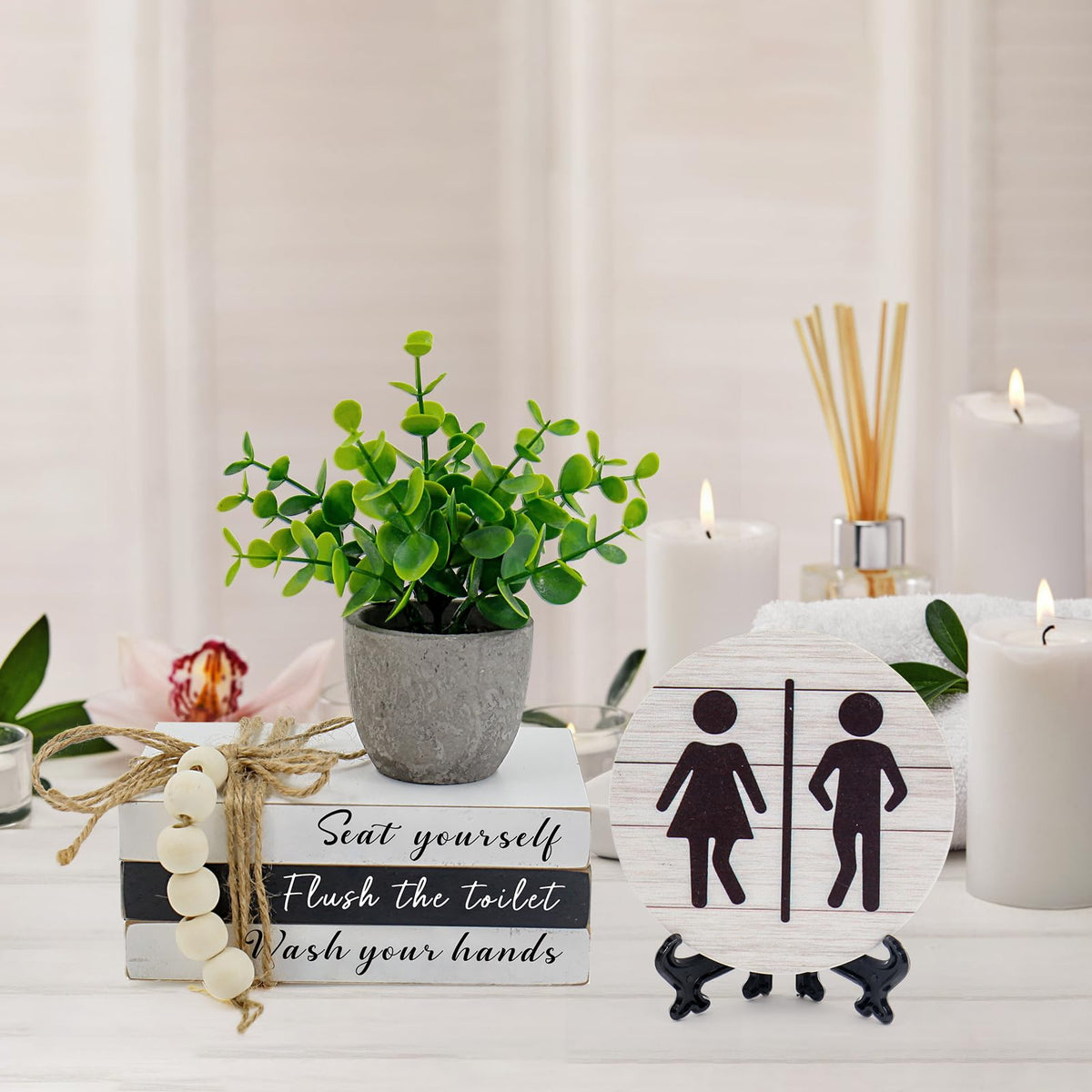 Lebsitey wooden tray decor anchors the display with organization