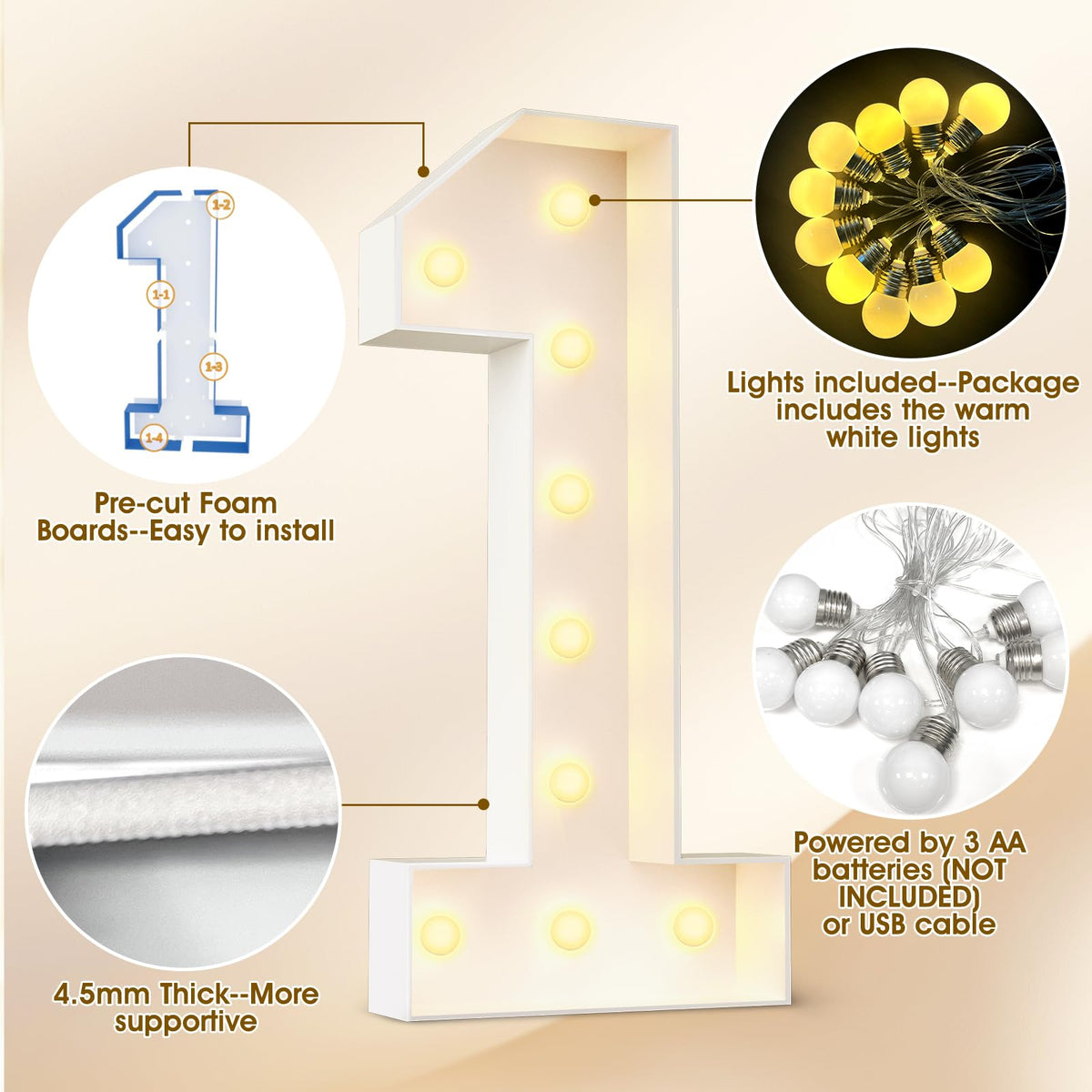 Ledido 4ft marquee letter M powered by USB or batteries for flexible placement.