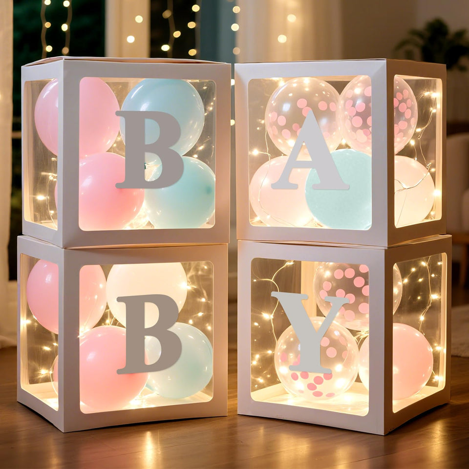 Ledido baby boxes four clear units arranged as a centerpiece for showers and parties