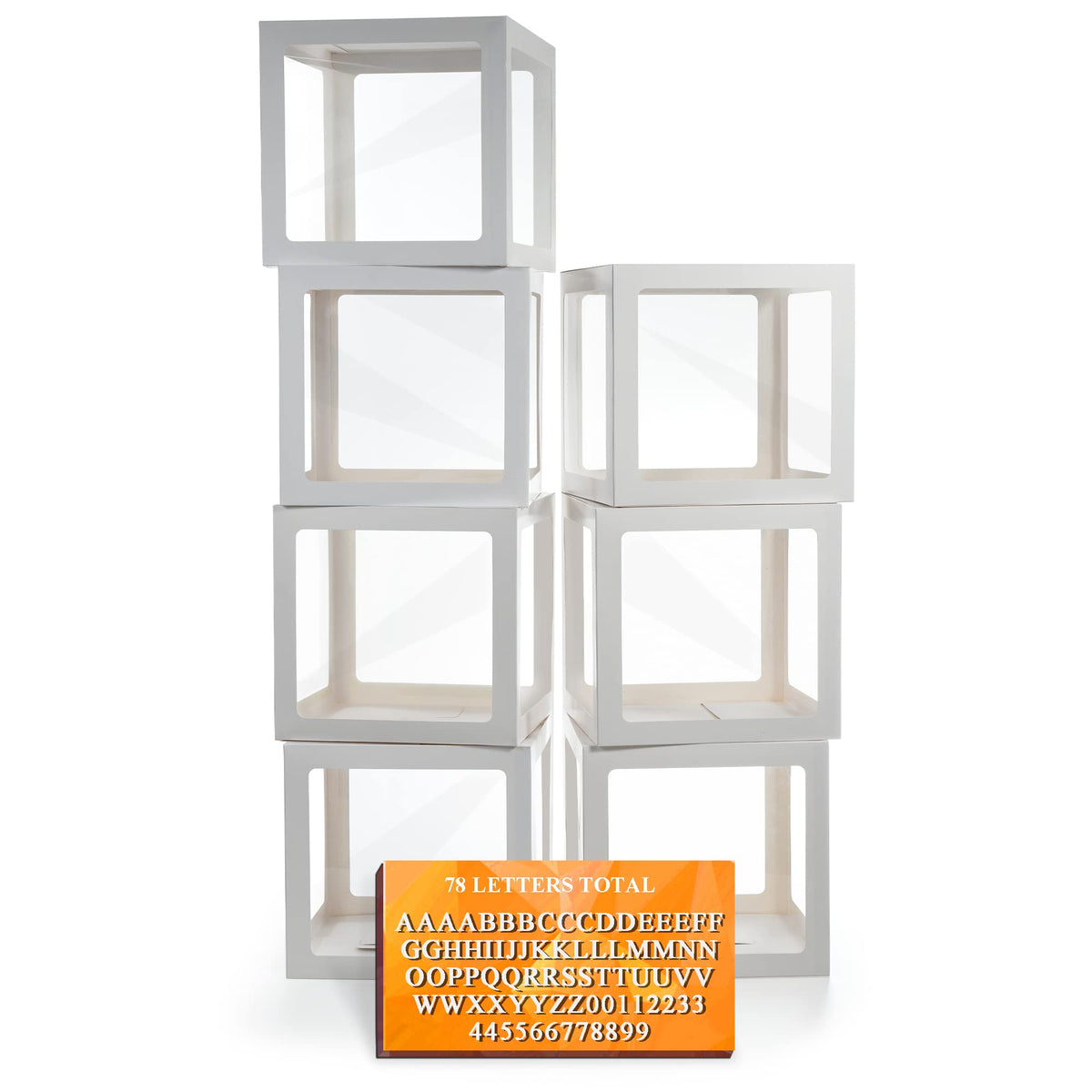 Ledido clear balloon boxes showing seven white baby boxes for elegant party decor.