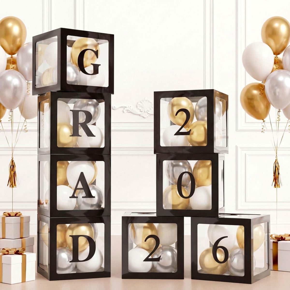 Ledido graduation balloon boxes set of four in black transparent design for elegant party décor.