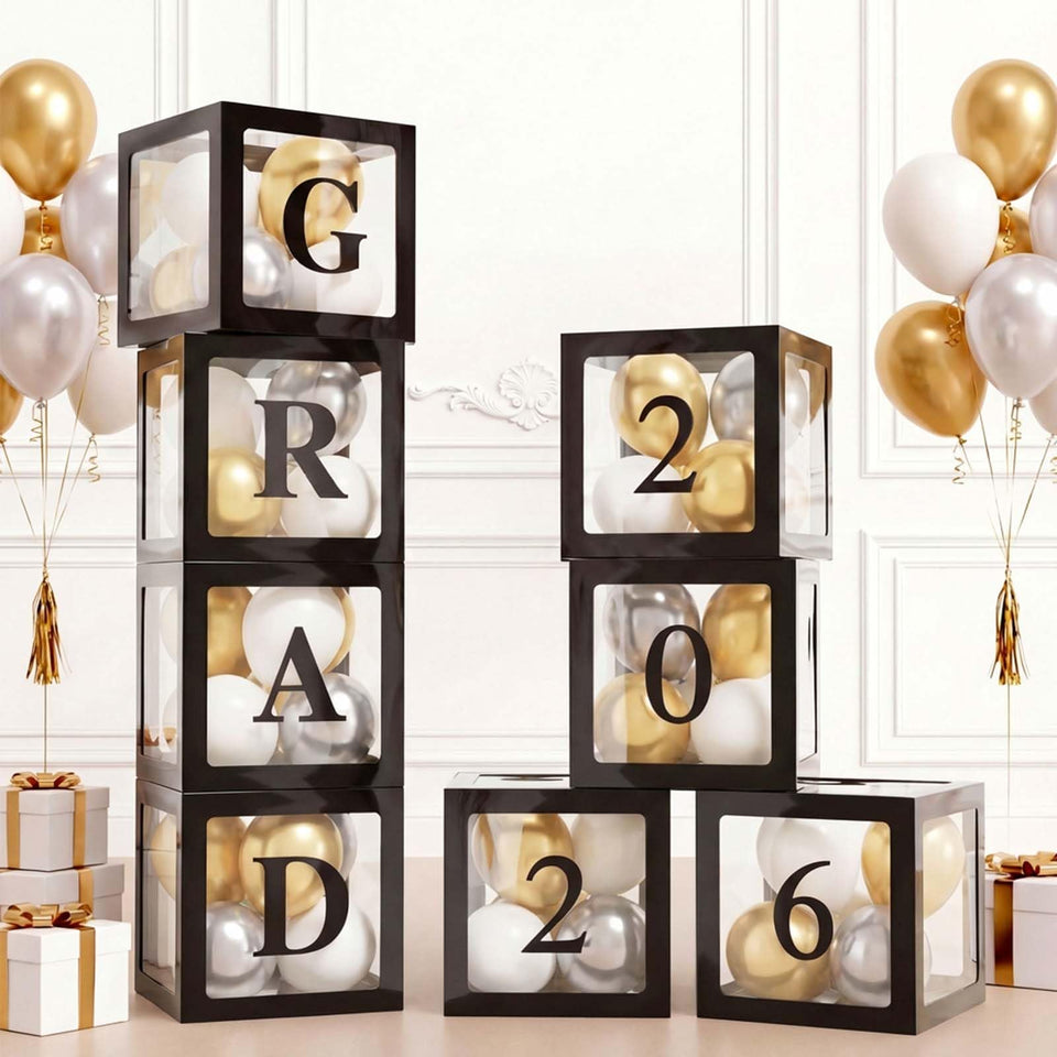 Ledido graduation balloon boxes set of four in black transparent design for elegant party décor.