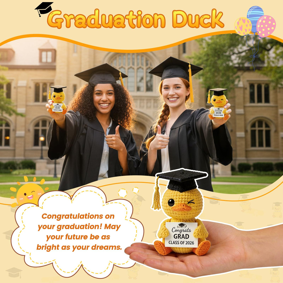 Lednica duck winking expression, adds playful charm to graduation displays.