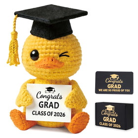 Lednica yellow crochet duck with graduate cap, great for desk decor and keepsake photos.