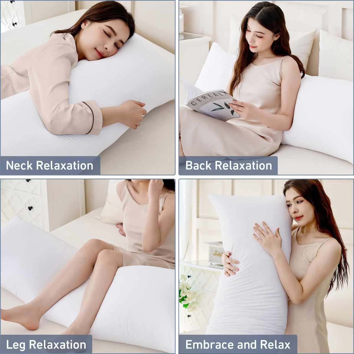 Leeden full body pillow in back-lying position reducing lower back sag.