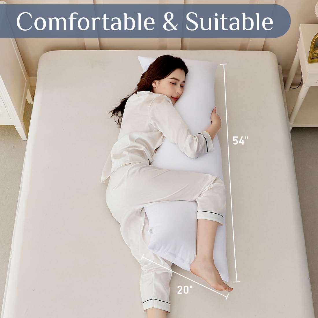Leeden full body pillow used in side sleeping setup for spine support.