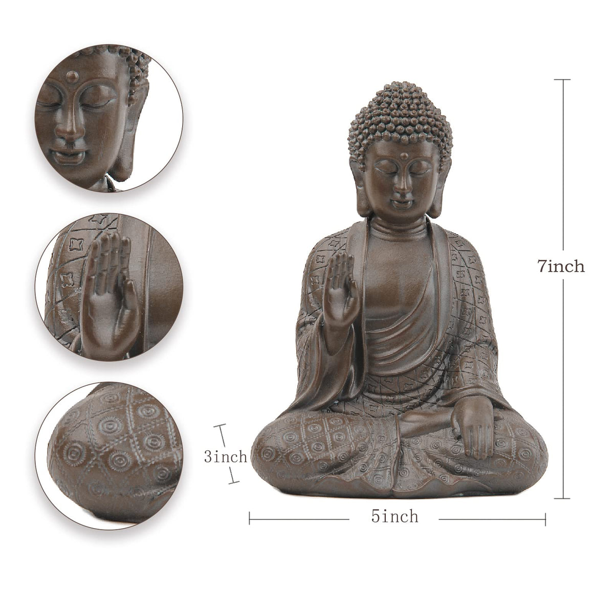 Leekung Buddha statue in dark brown resin adds zen ambiance on shelves.