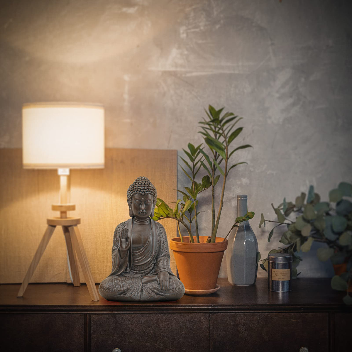 Leekung Buddha statue decor for bookshelf or windowsill promotes calm mindfulness.