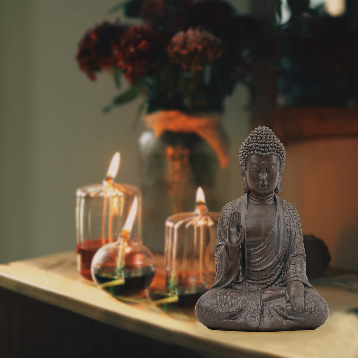 Leekung Buddha statue sits serenely, inviting quiet reflection on desks.