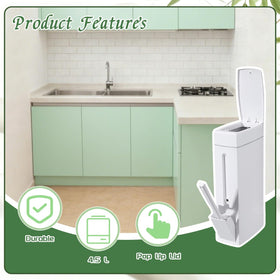 Leemeexaa compact trash can shown with dimensions 8x4.2x17 inches.