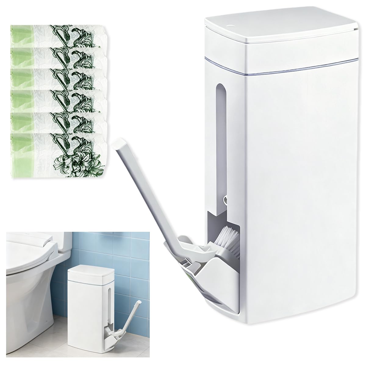 Leemeexaa slim bathroom trash can with lid fits tight spaces and keeps area tidy.