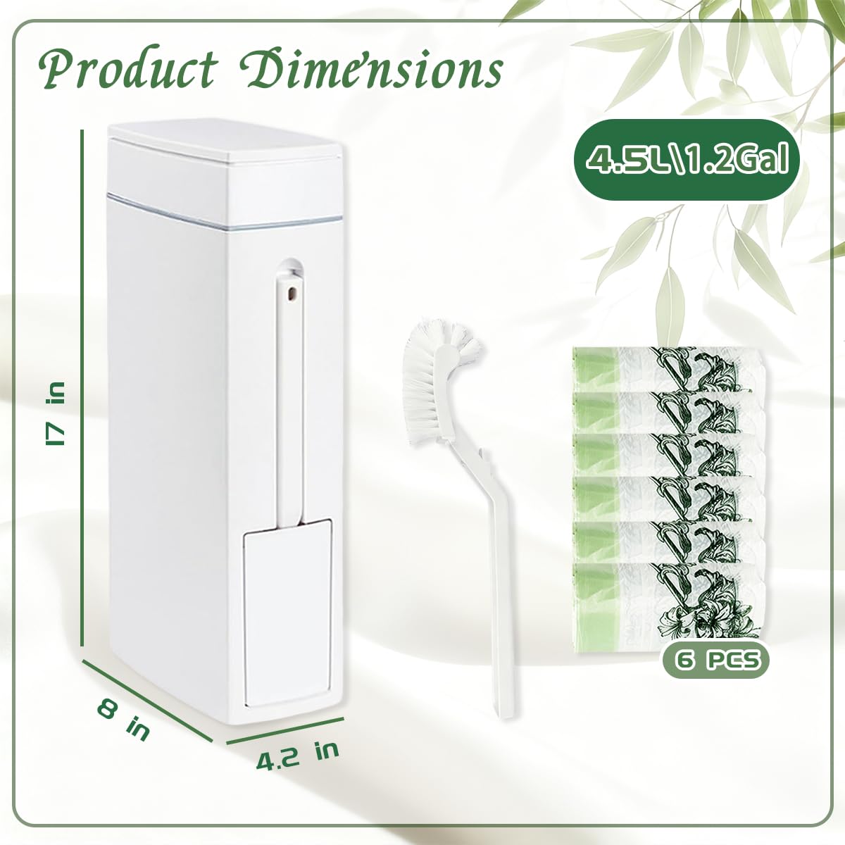 Leemeexaa trash can with toilet brush holder organized in a bathroom.