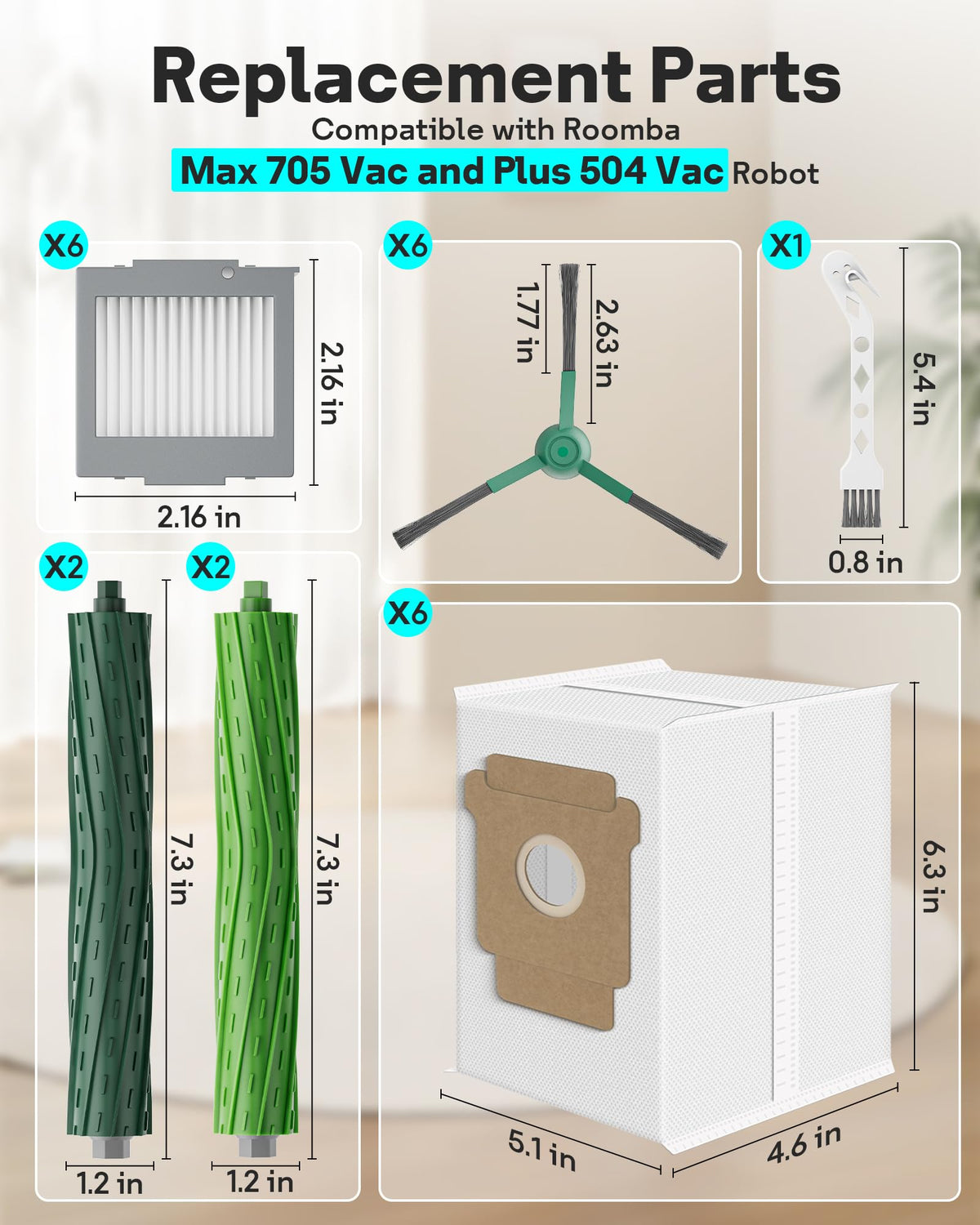 Leemone Roomba Max 705 kit layout with included parts.