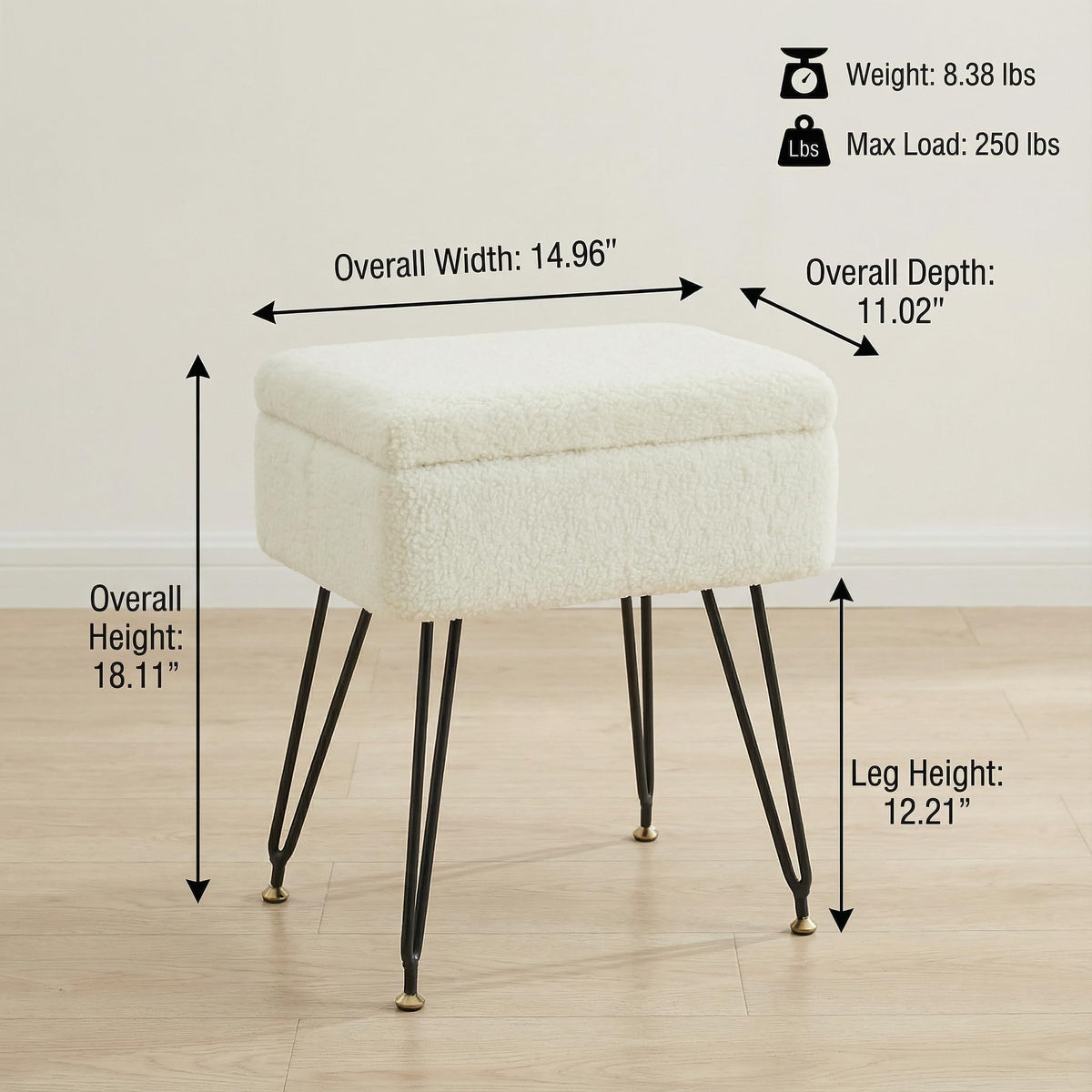 Leesingdo vanity stool with adjustable metal legs for stable placement.