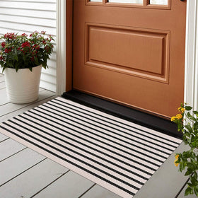 LEEVAN black and white striped doormat for front porch, washable and durable.