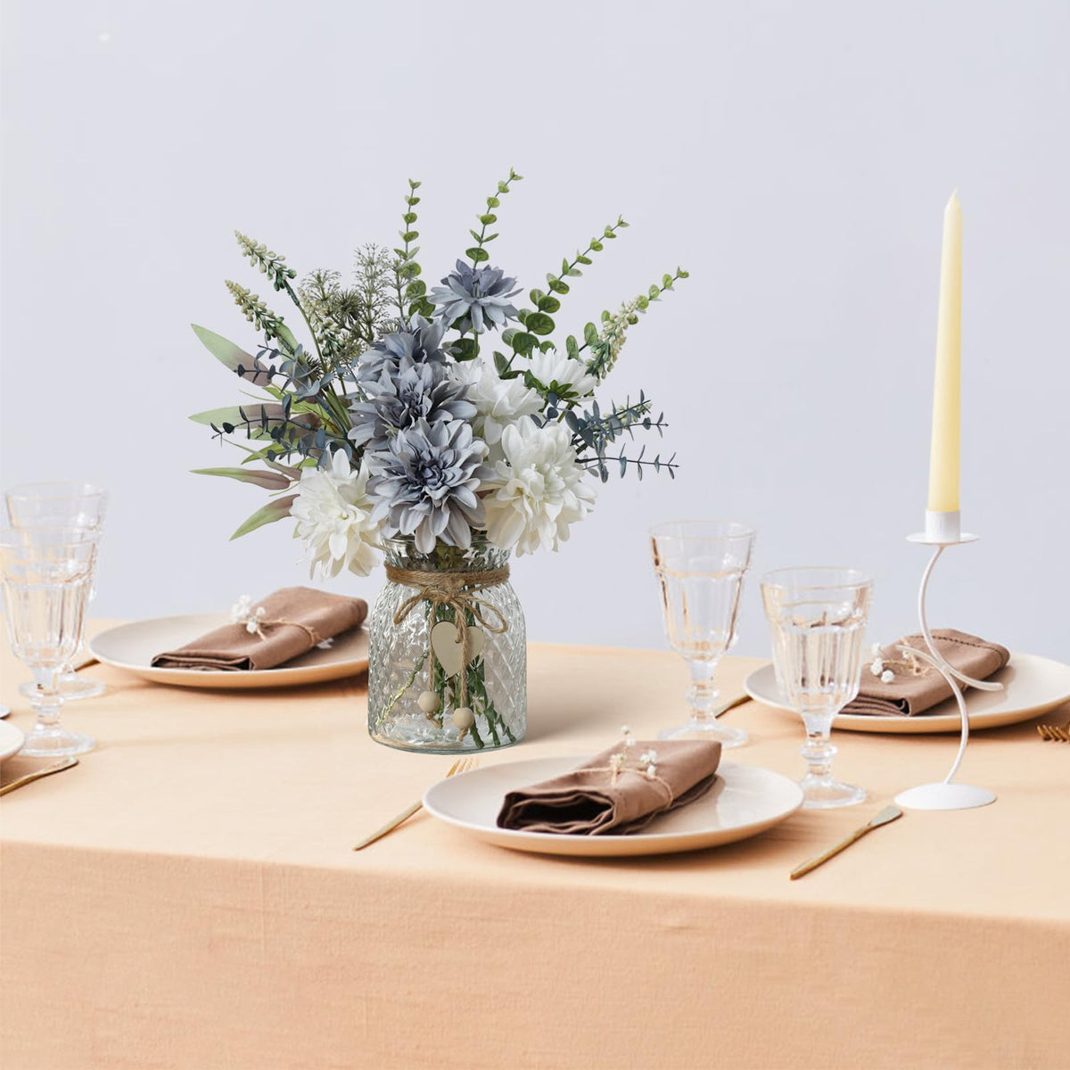 Leftover eucalyptus stems and leaves give natural texture.