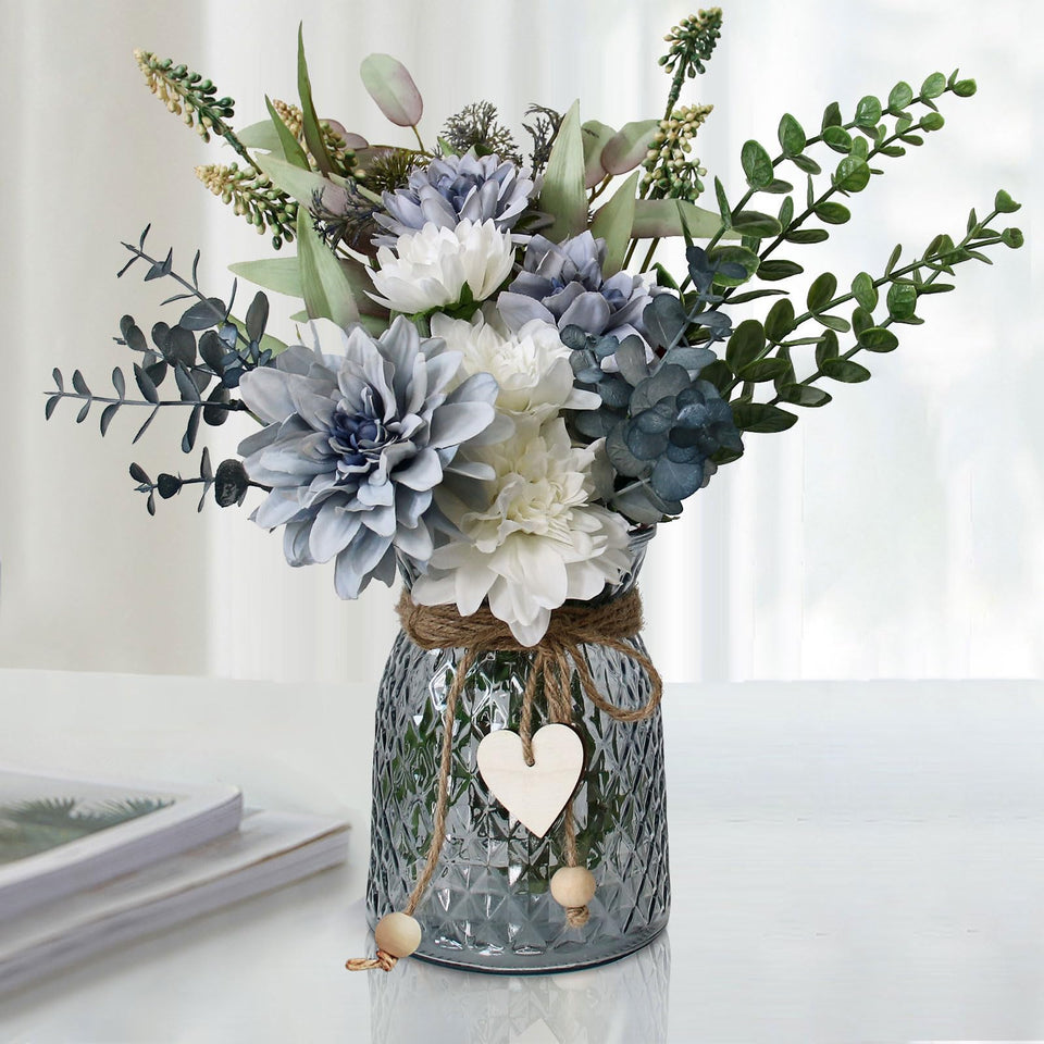 Leftover fake flowers in vase with dahlia bouquet brighten living room