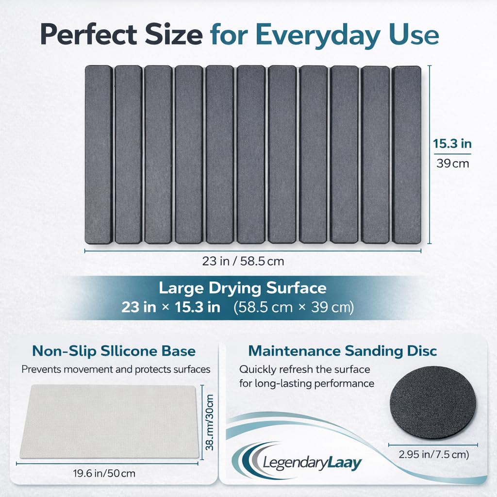 LegendaryLaay drying mat doubles as bathroom mat for towels or toiletries.