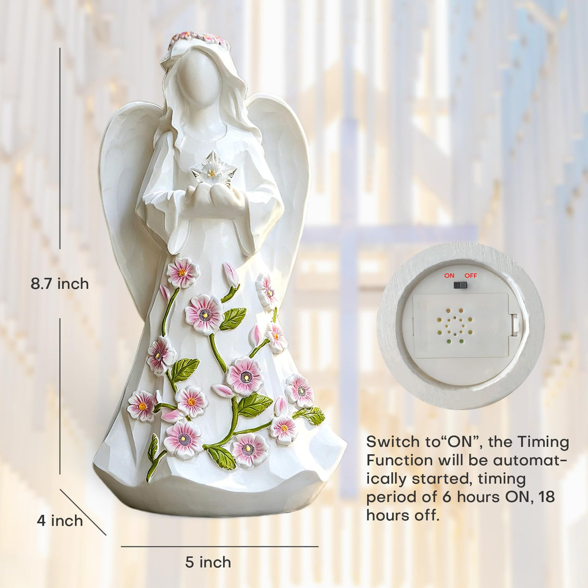LEGIFO angel detail features wreath and blossoms on an antique white finish