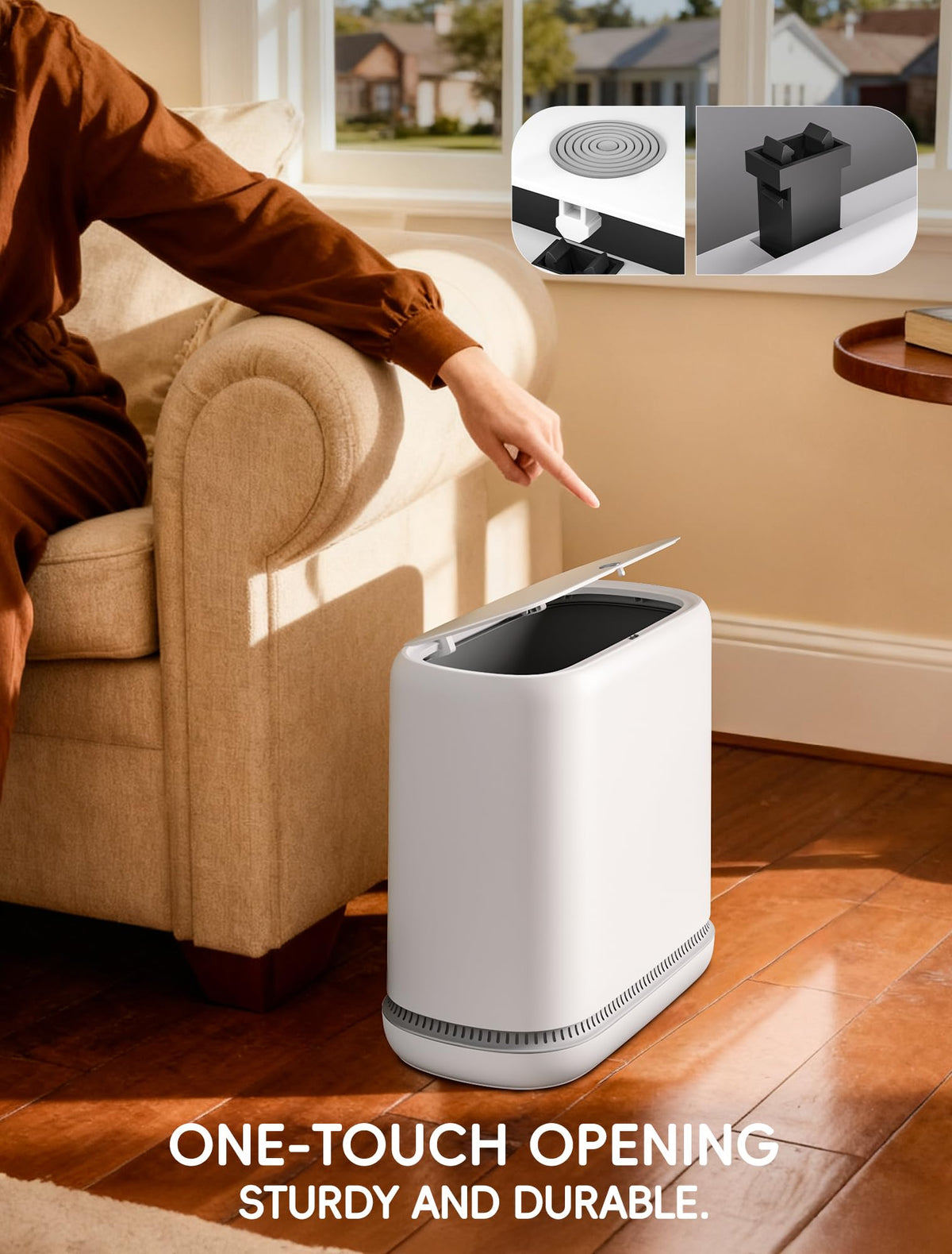 LEGUO compact trash can placed in a bedroom or office corner.