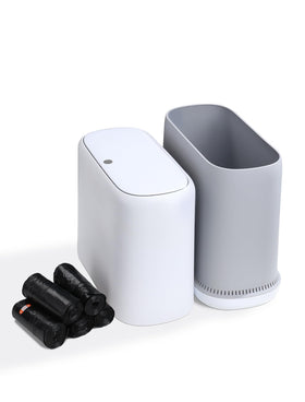 LEGUO dog-proof trash can with lid shown in a compact bathroom setup.