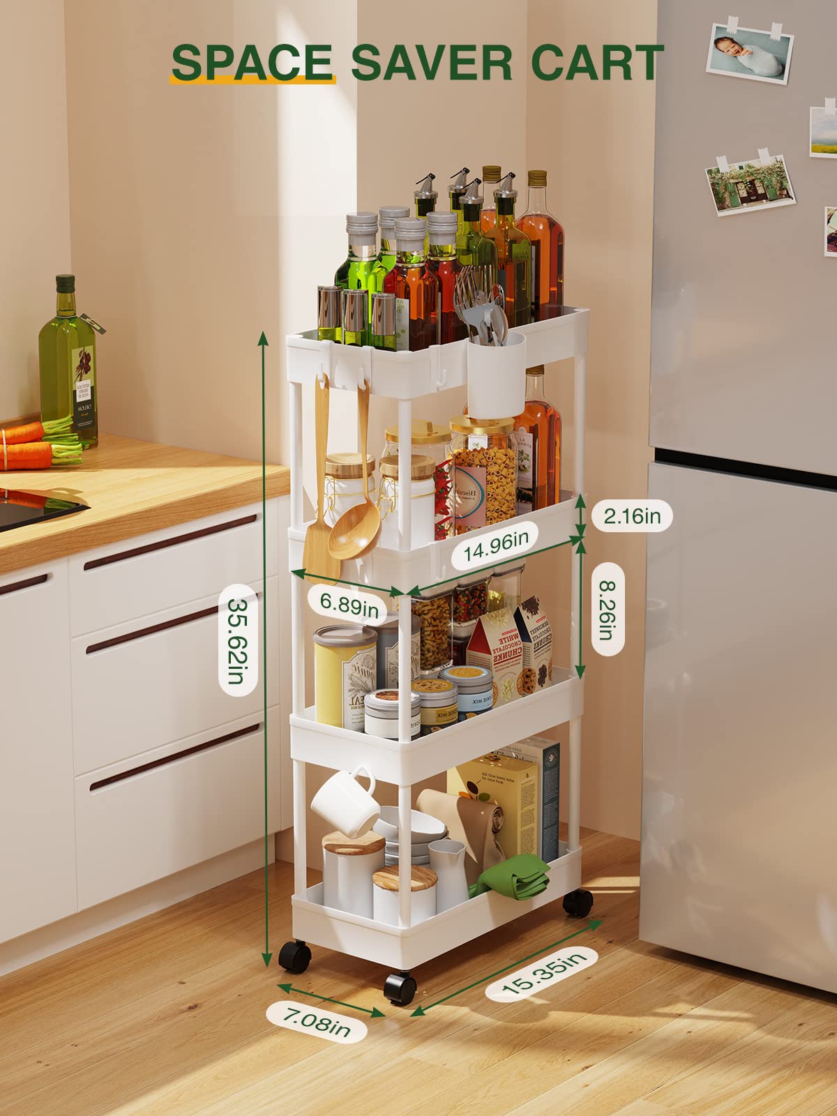 LEHOM four-tier utility cart with adjustable shelves for flexible storage.