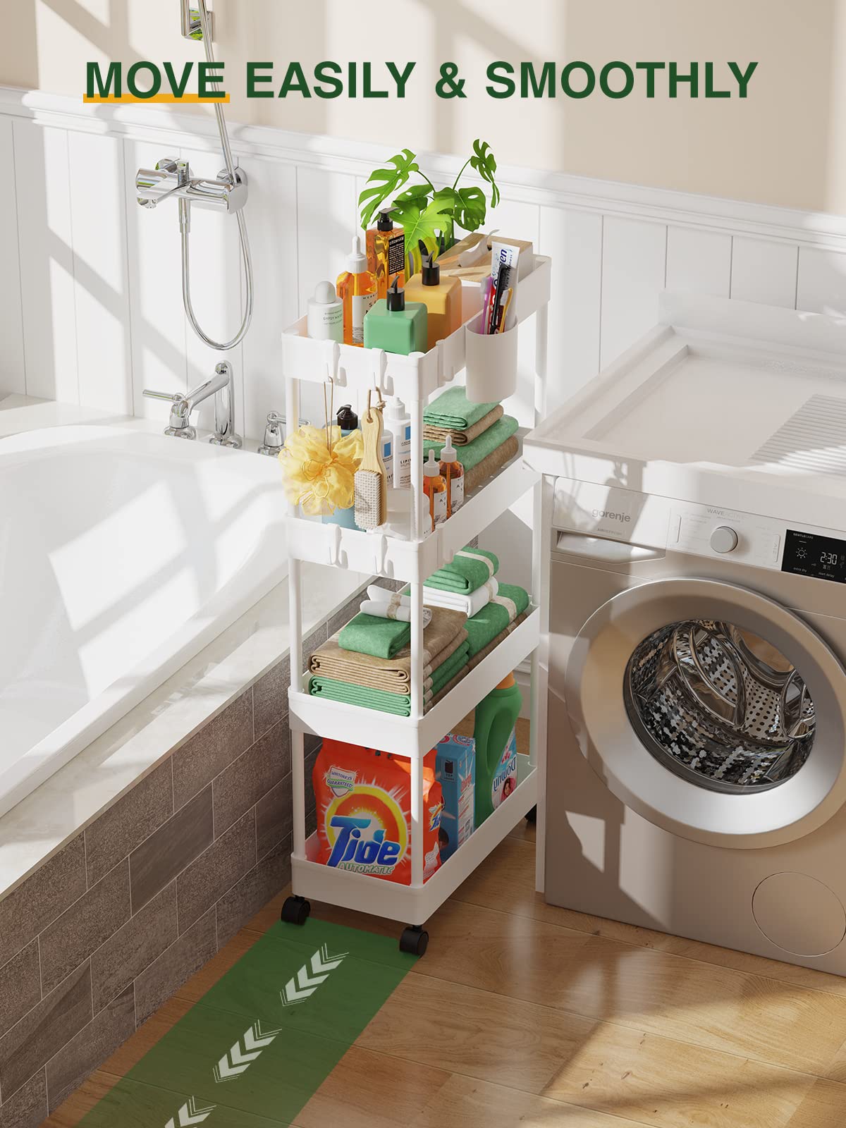 LEHOM cart features hanging cup and four hooks for additional storage.