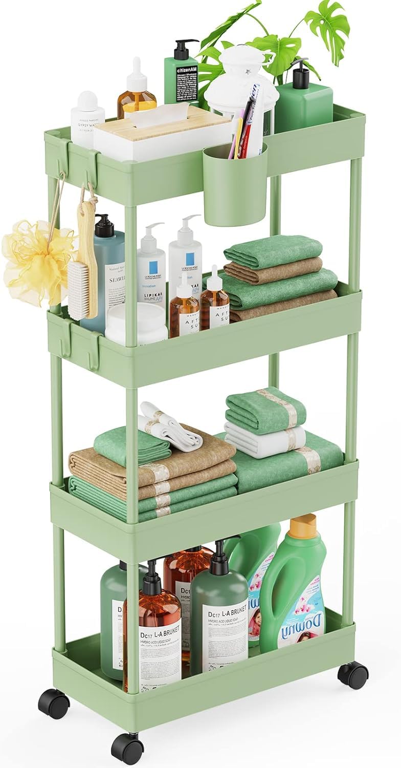 LEHOM slim rolling cart front view with four shelves for compact storage in small spaces.