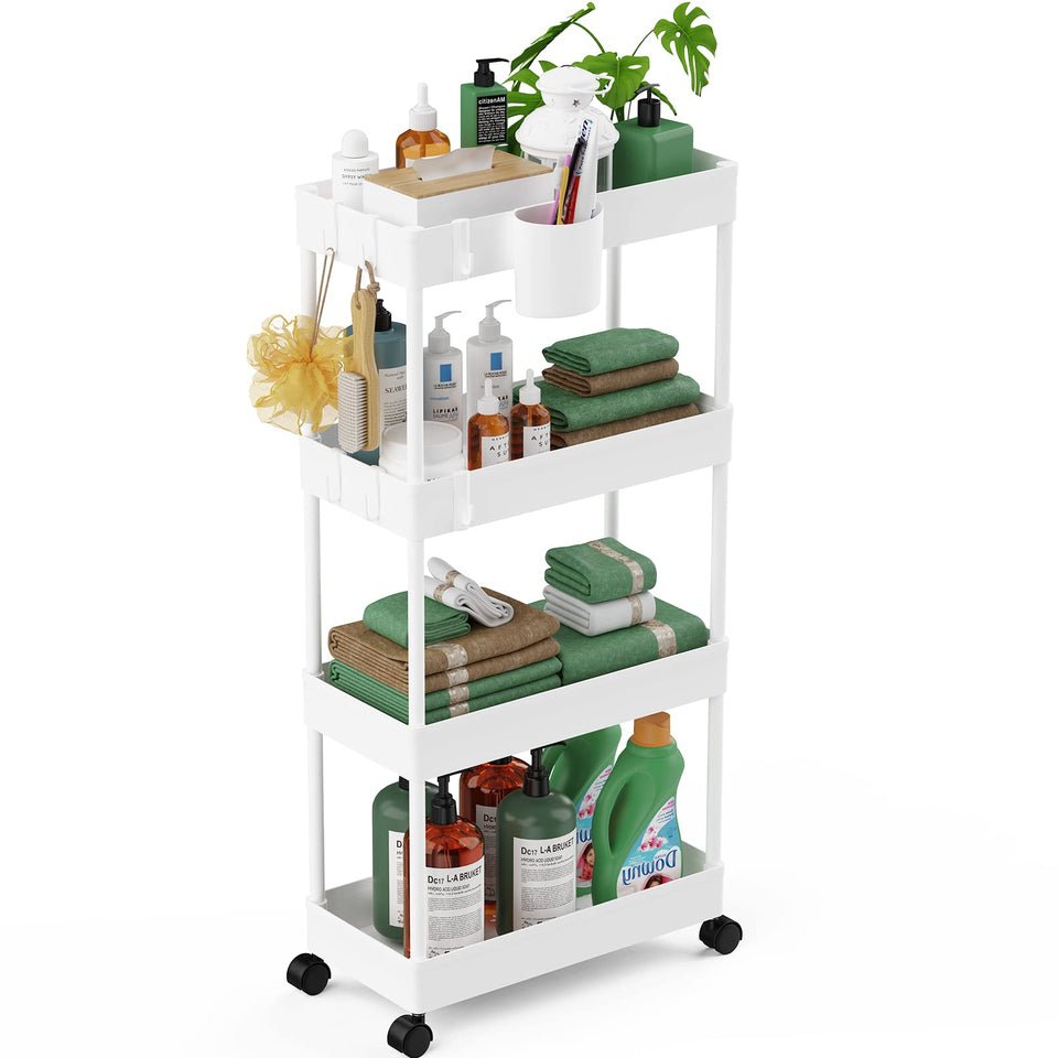 LEHOM slim rolling storage cart with four tiers shown in a tight laundry nook for organized space.