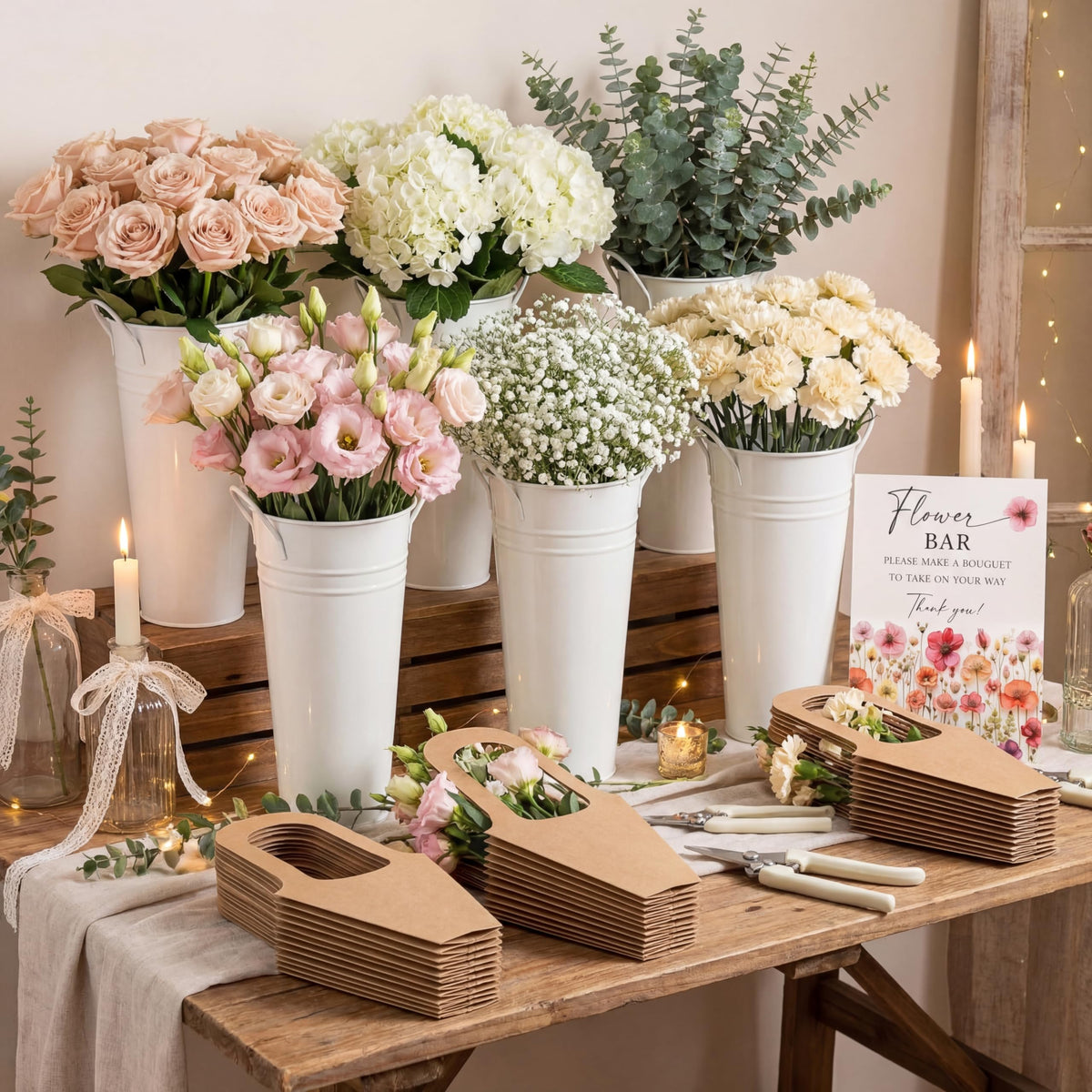 LEIFIDE Flower Bar Buckets paper bags simplify bouquet gifting at events.