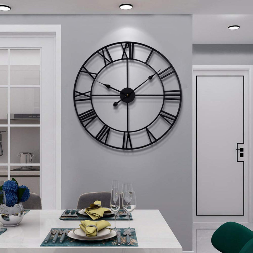 LEIKE large wall clock front view with rustic metal frame for a striking living room accent.
