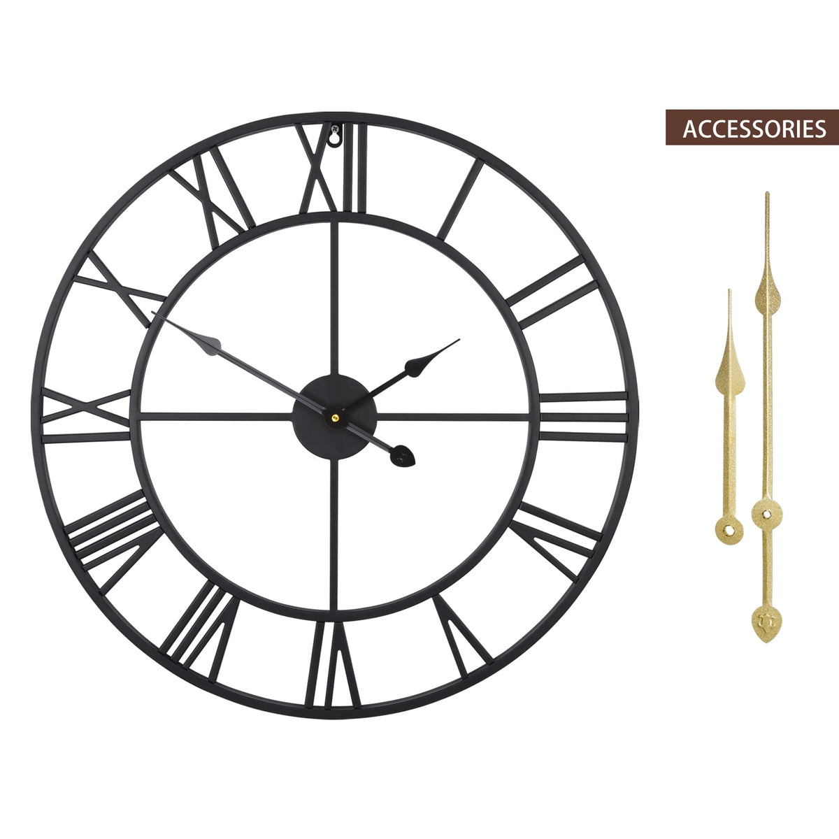 LEIKE large wall clock metal frame highlights hollow retro design for kitchen or hallway decor.