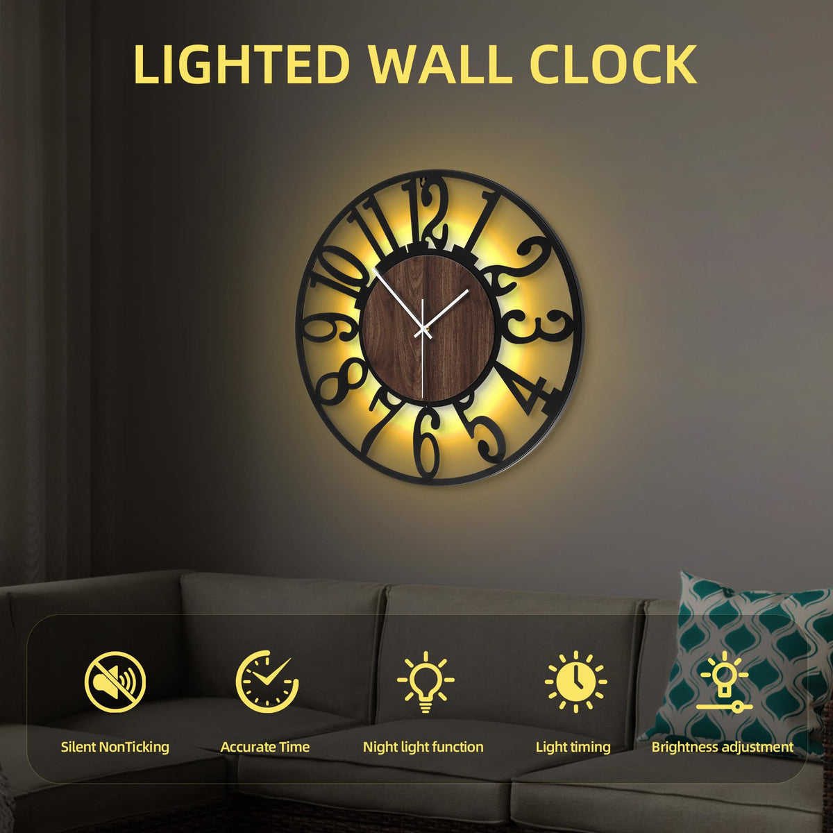 LEIKE Large Wall Clock showing remote-controlled lighting for mood setting