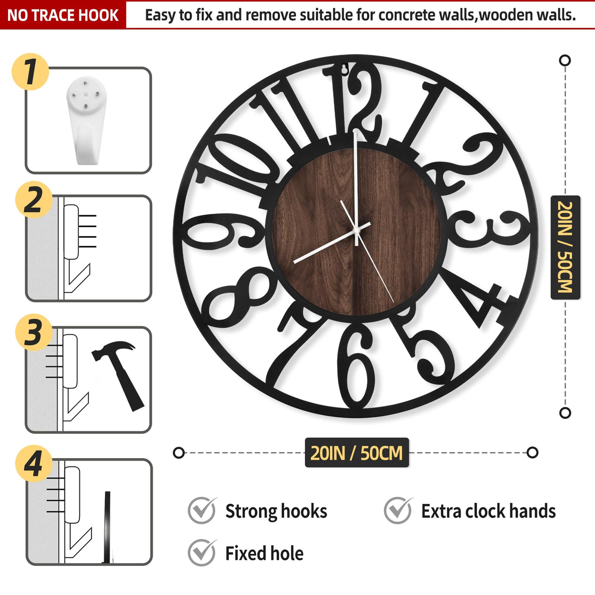LEIKE wood-face metal clock merging rustic warmth with modern durability