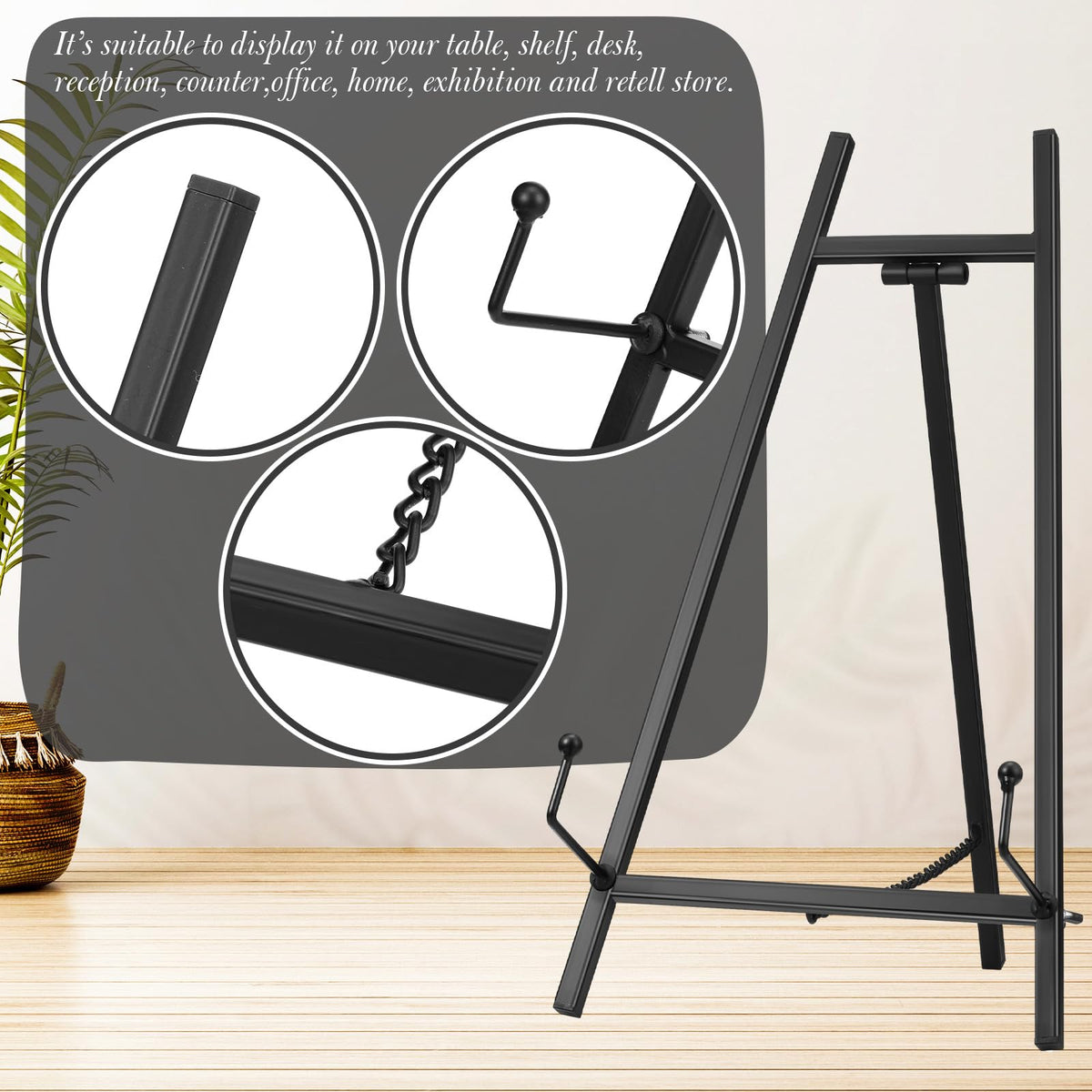 Leinuosen art and photo display easel stand provides stable support for table presentations.