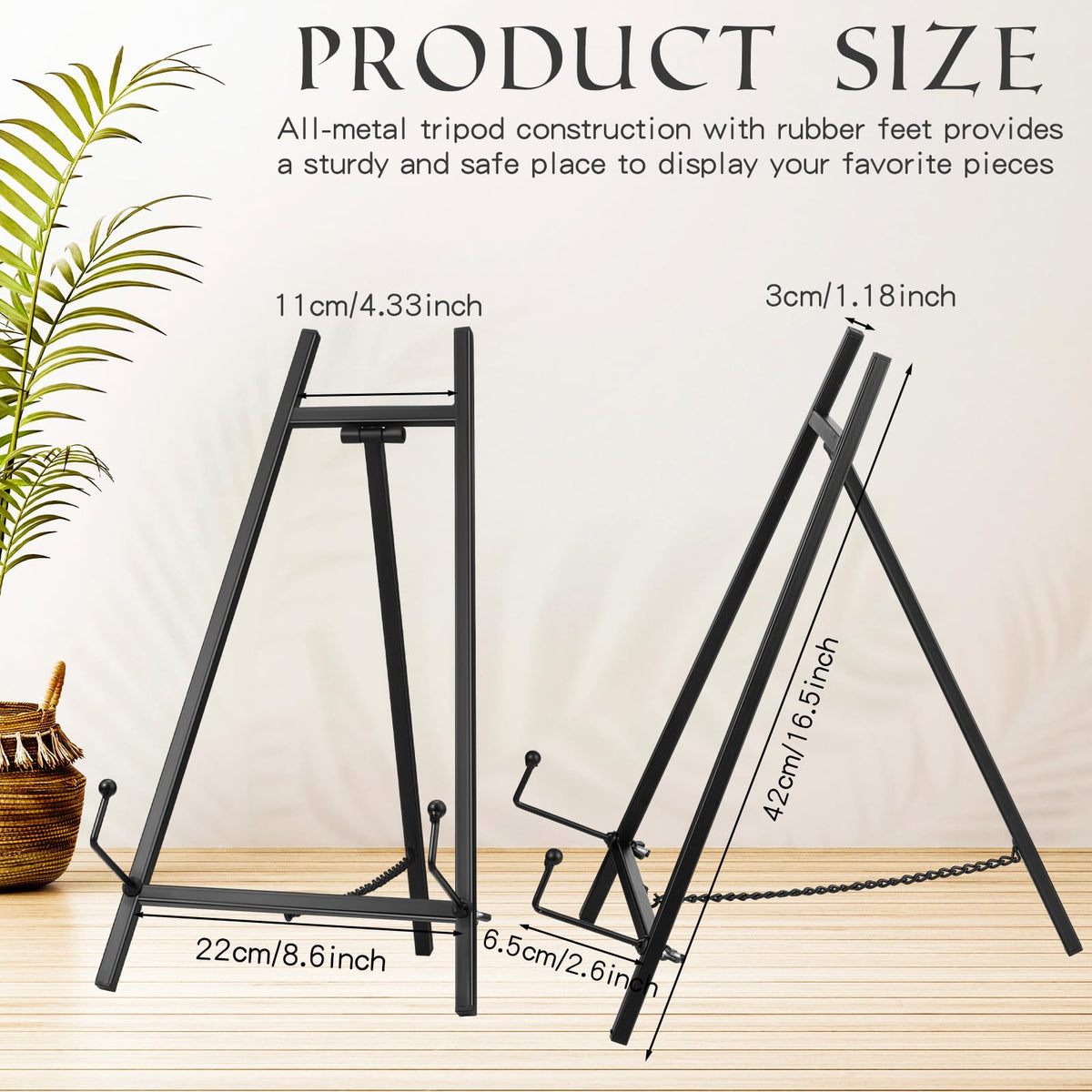Leinuosen plate display easel stand in black holds dinnerware and artwork securely.