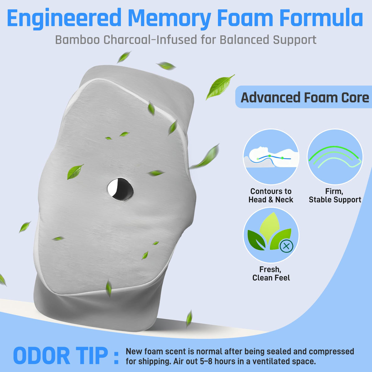 Close-up of memory foam contour on Lekewn AlignCore pillow for adaptive support