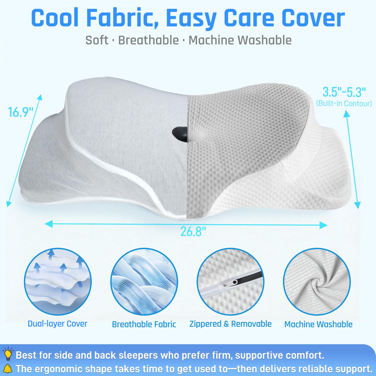 Breathable skin-friendly fabric cover on Lekewn AlignCore pillow promotes cool sleep