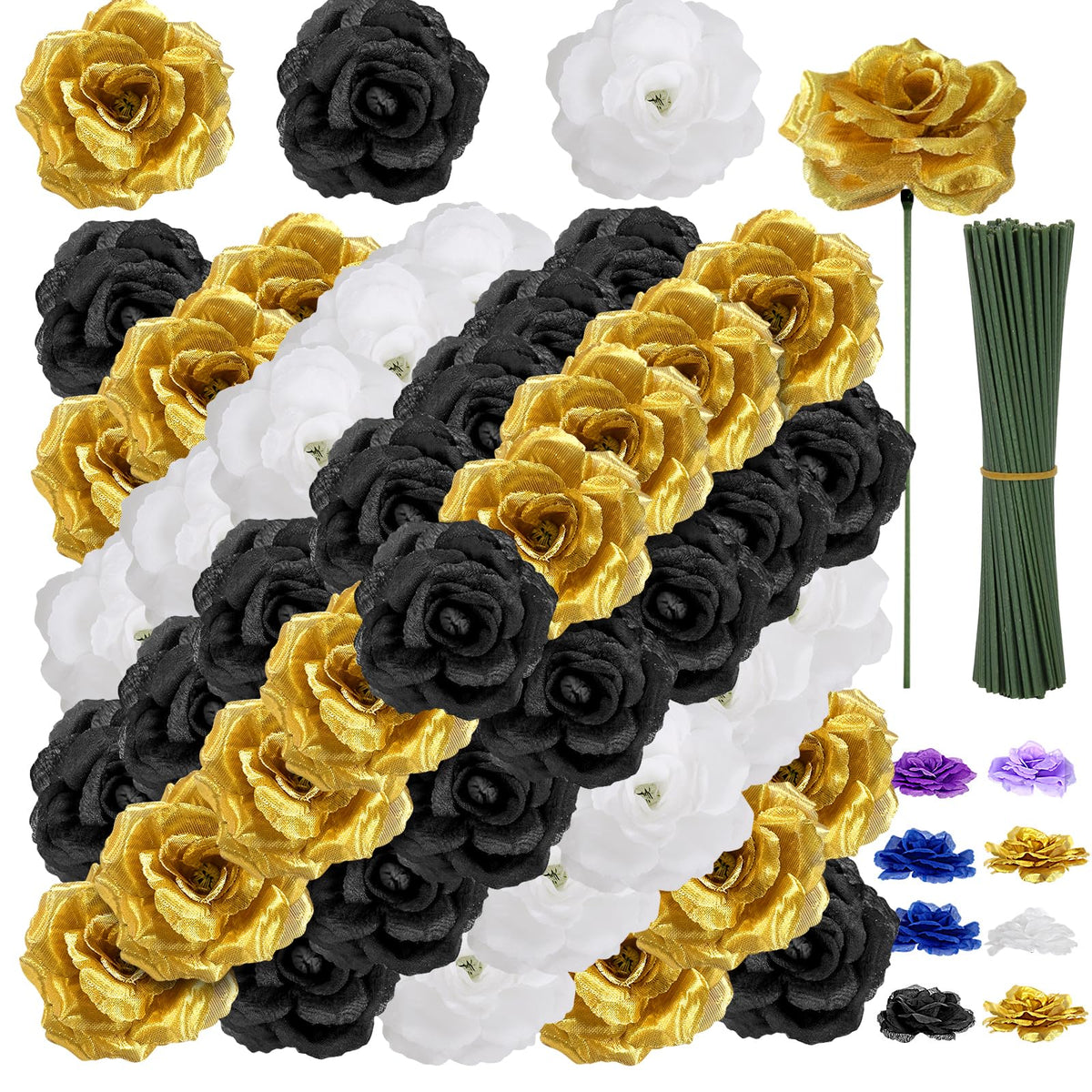 LELEE 108 rose heads with stems in black, gold, white for dramatic centerpieces