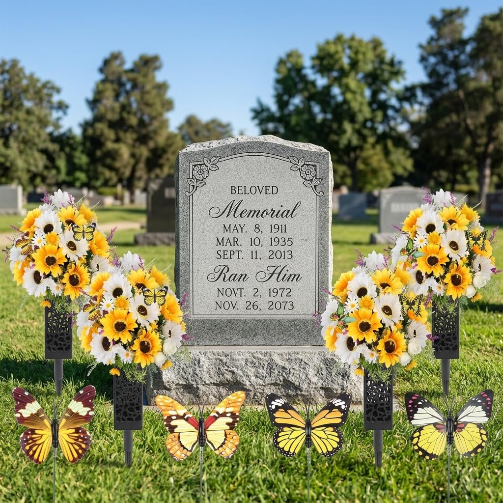LELEE ground-stake-insert-cemetery-bouquet setup securing beside grave markers