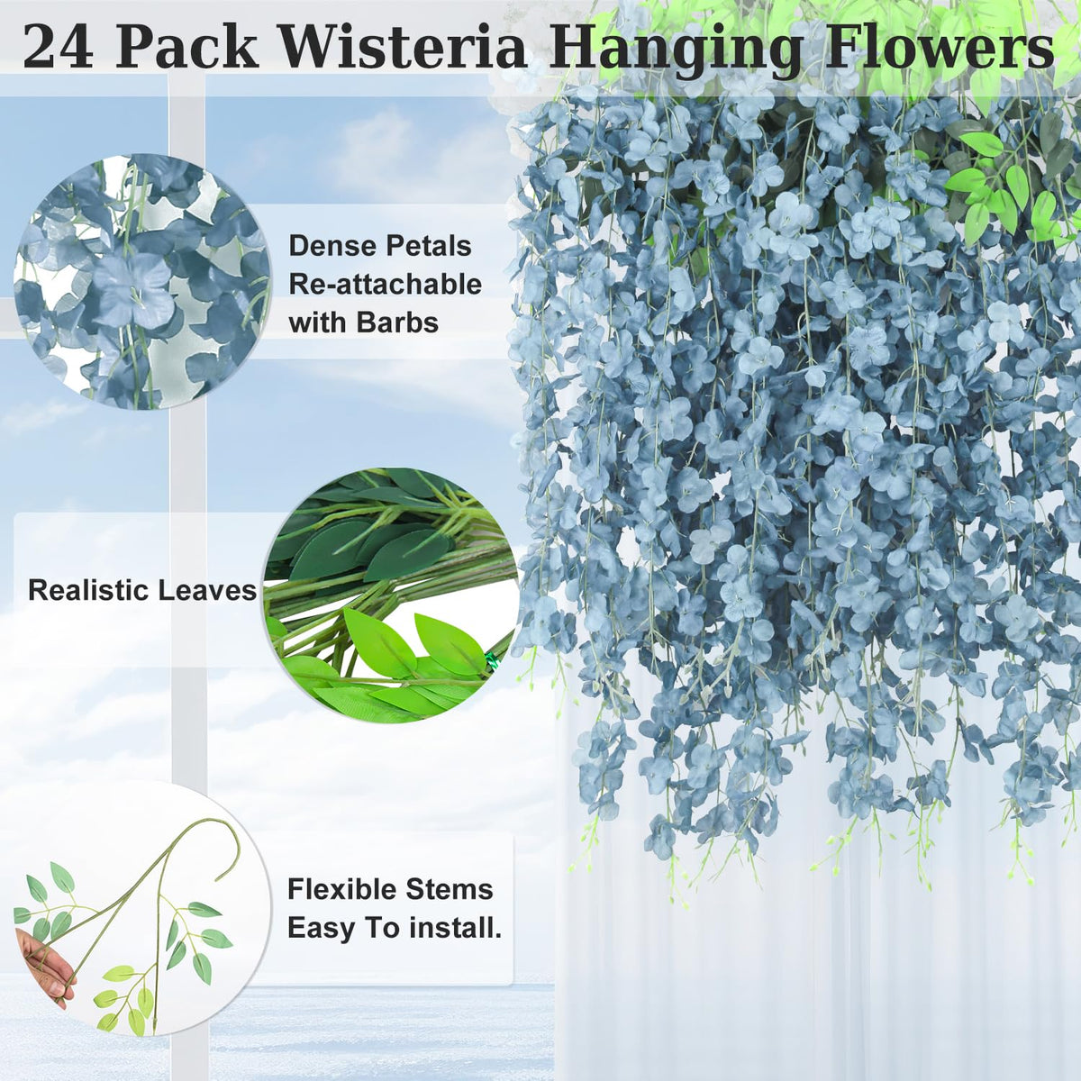 LELEE dusty blue wisteria vine enhances wedding arch decor