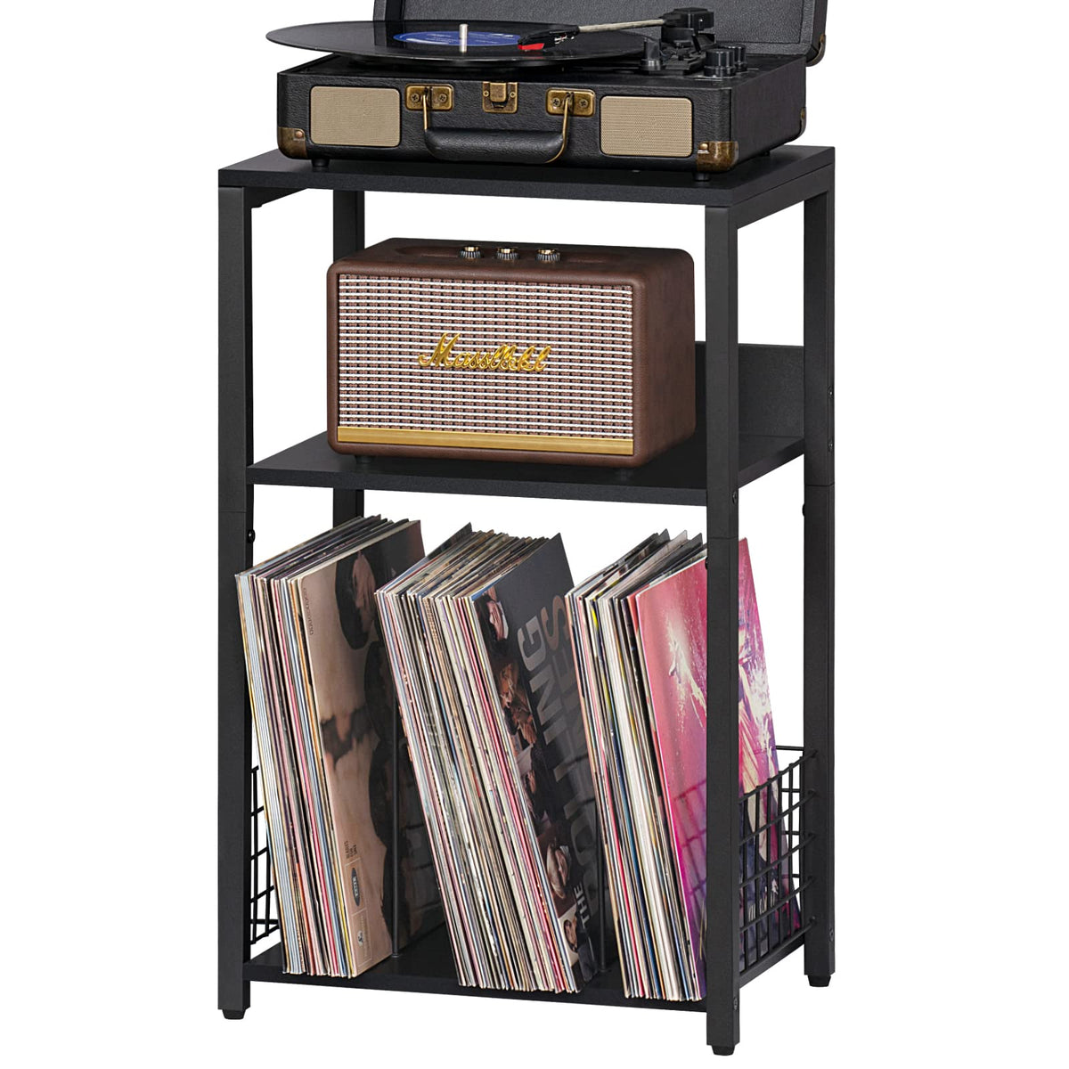 LELELINKY black end table with panel and metal frame for stylish storage