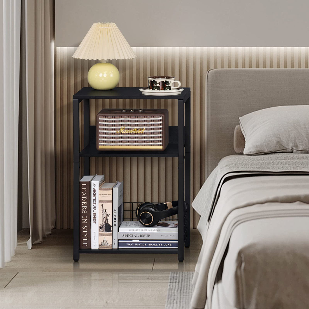 LELELINKY narrow nightstand with wood top and metal frame for small spaces
