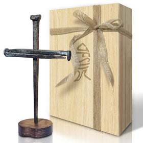LeMeeOly crucifixion nails cross on a wooden base for rustic religious decor.