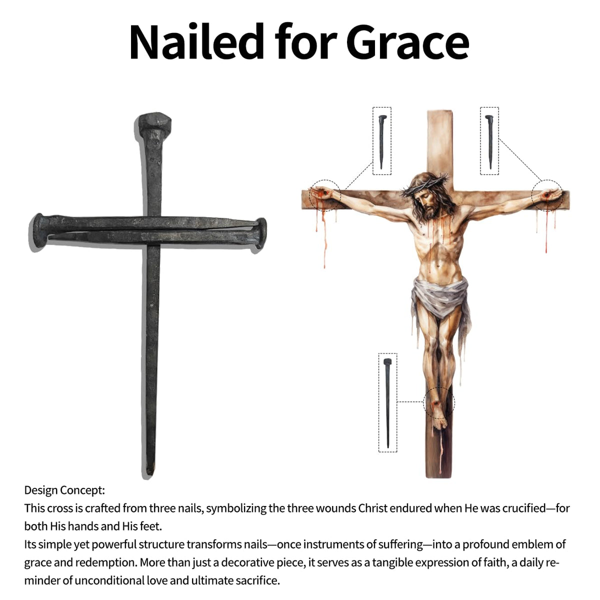 LeMeeOly handcrafted nails cross close-up showing authentic craftsmanship.