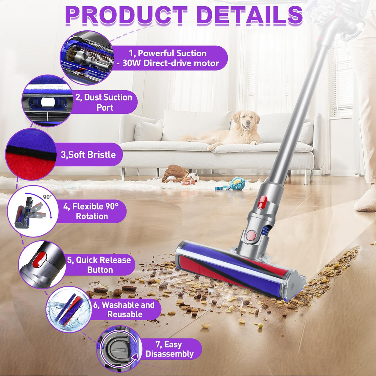 Lemige soft roller cleaner head for Dyson V7, reaches under furniture with ease.