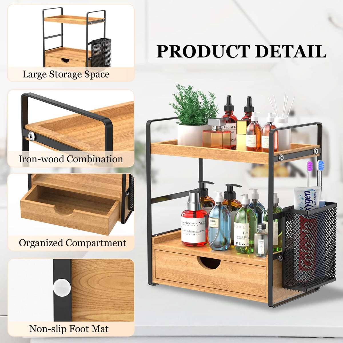LEMİKKLE two-tier bathroom organizer offers easy access to cosmetics and toiletries.