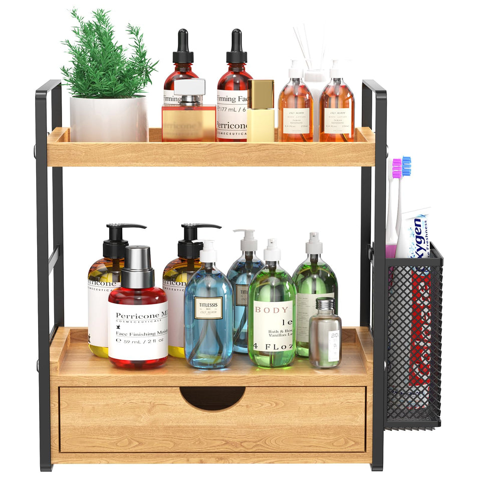 LEMİKKLE bathroom counter organizer with side basket keeps brushes and tools organized and within reach.
