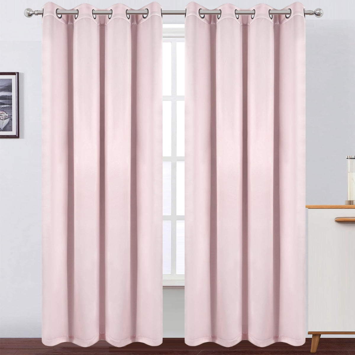 LEMOMO baby pink curtains 8 silver grommets closeup for easy hanging.